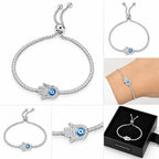 Hamsa evil eye tennis bracelet shown from multiple angles, on wrist, close-up and in black 925 sterling silver gift box