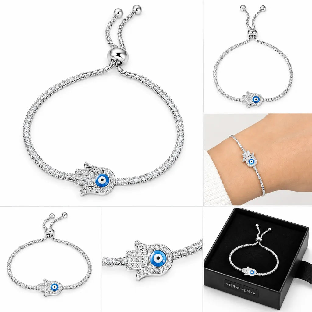 Hamsa evil eye tennis bracelet shown from multiple angles, on wrist, close-up and in black 925 sterling silver gift box