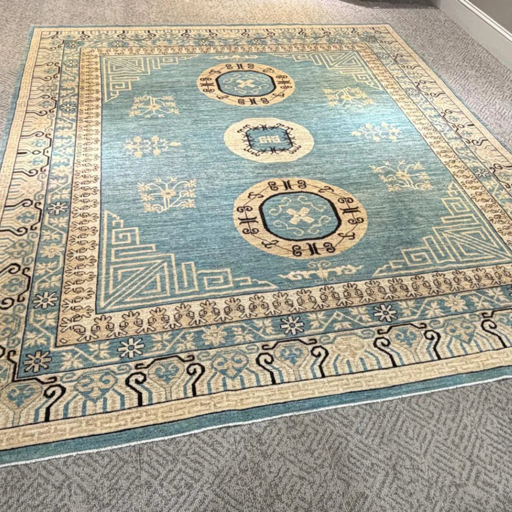 Blue and beige Khotan style handmade area rug