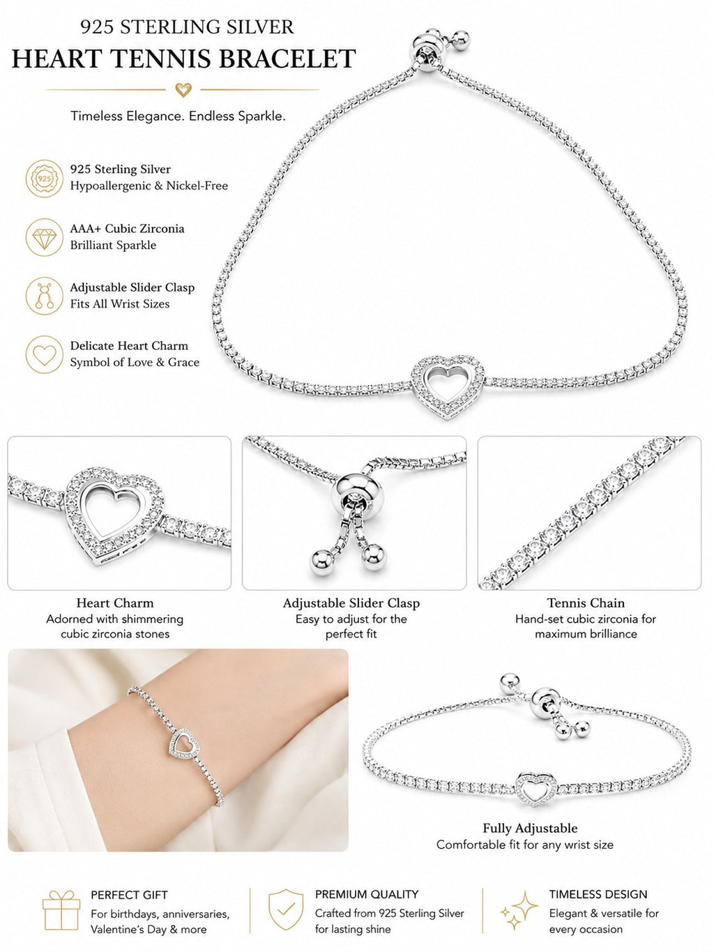 A woman wearing a 925 sterling silver heart tennis bracelet featuring sparkling cubic zirconia stones.