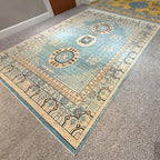 Khotan style area rug handmade blue and beige wool