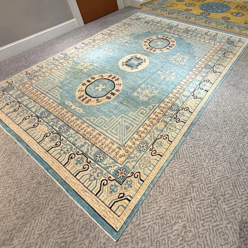 Khotan style area rug handmade blue and beige wool