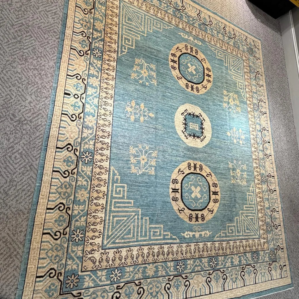 Large Khotan style wool area rug 9.10 x 7.16 ft
