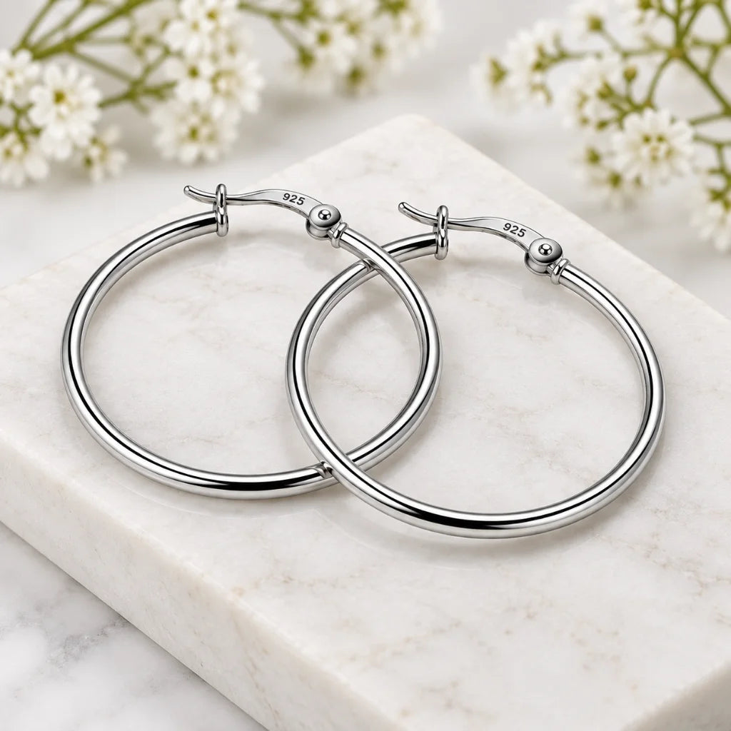 Side view of elegant sterling silver hoop earrings showcasing their slim design and polished surface.