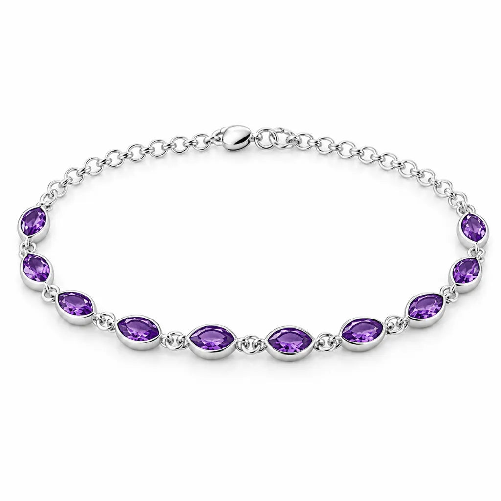 Purple marquise gemstone bracelet in sterling silver with bezel-set stones, spring ring clasp and extender chain with stone drop, shown open