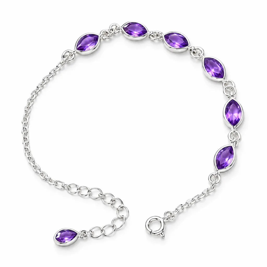 Purple marquise bracelet in silver with bezel-set gemstones and delicate cable chain, front view