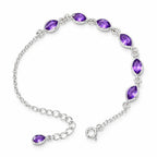 Purple marquise bracelet in silver with bezel-set gemstones and delicate cable chain, front view