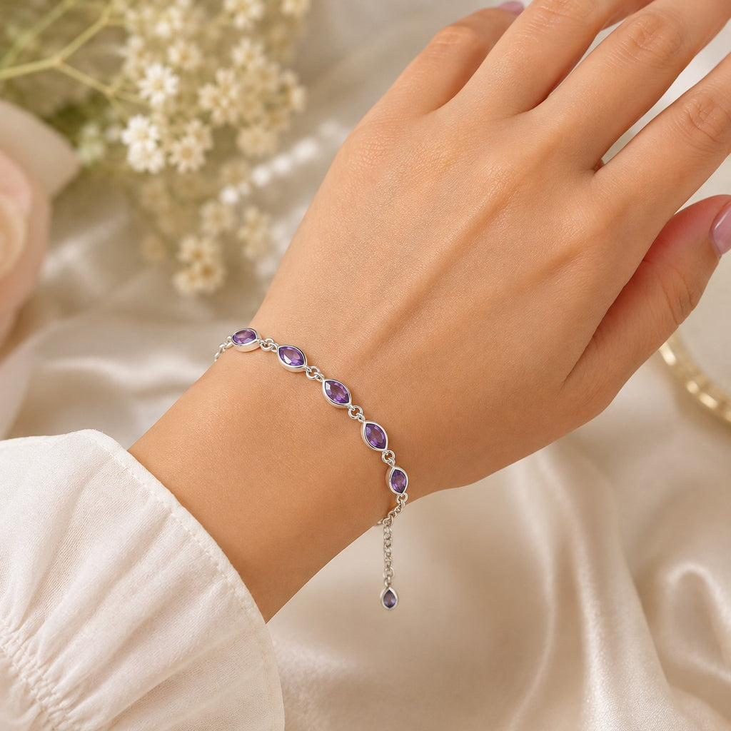 Purple marquise gemstone bracelet with sterling silver chain for women