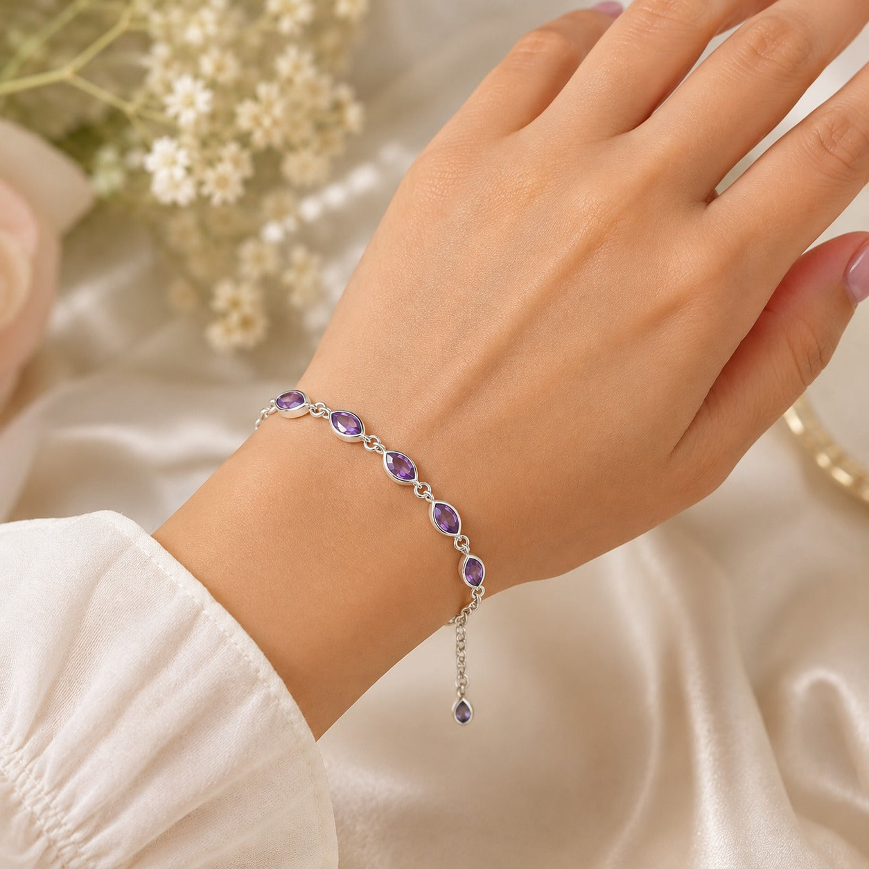 Purple marquise gemstone bracelet with sterling silver chain for women