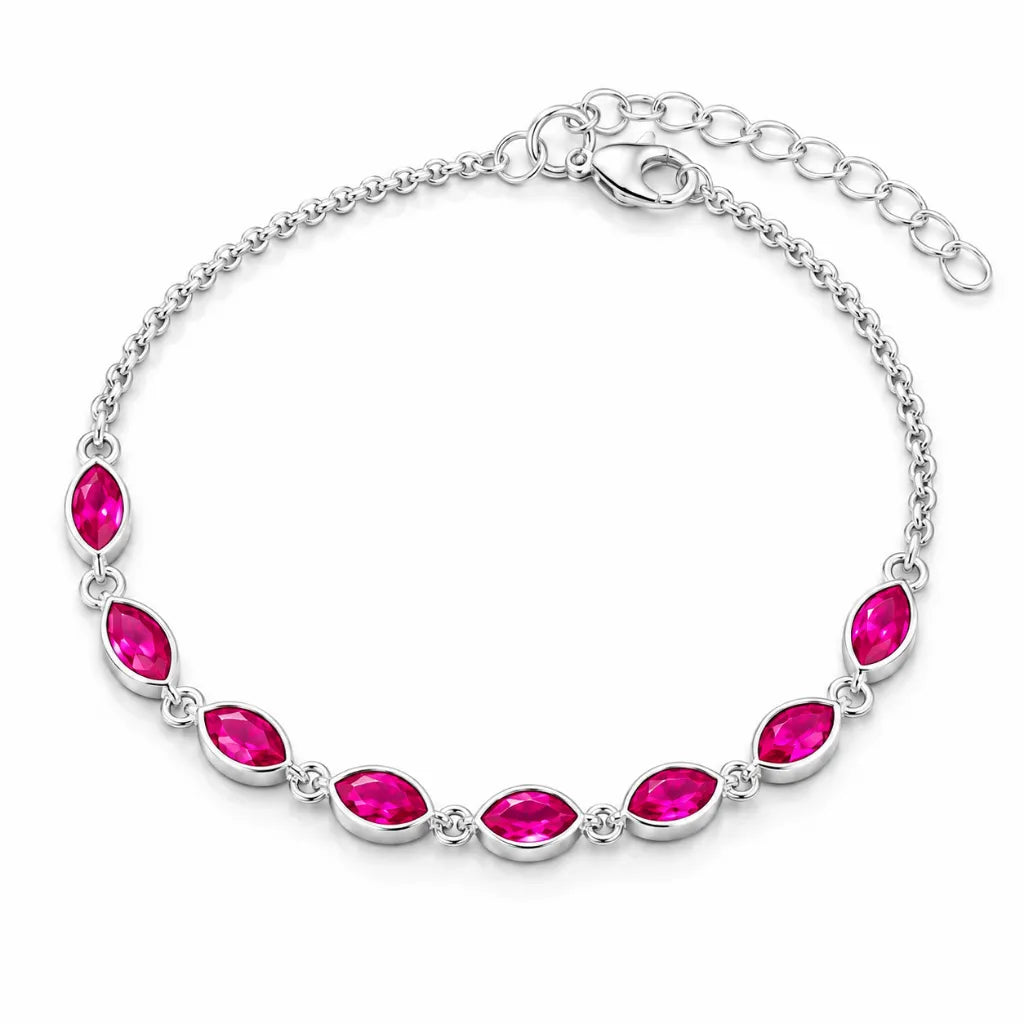 Red marquise gemstone bracelet in sterling silver with delicate cable chain, lobster clasp and adjustable extender