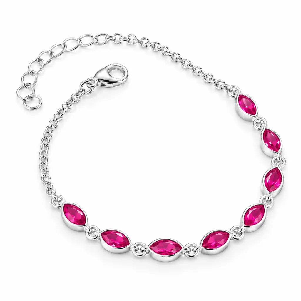 925 sterling silver ruby marquise bracelet with bezel-set red gemstones, lobster clasp and extender chain
