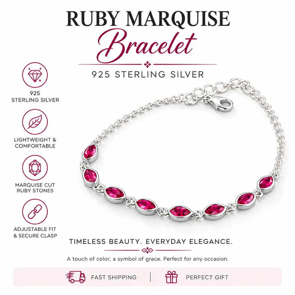 Ruby marquise bracelet in 925 sterling silver, lightweight and comfortable with adjustable fit, perfect gift for her