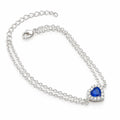 925 sterling silver sapphire heart bracelet with blue heart-shaped stone, cubic zirconia halo, double chain and extender