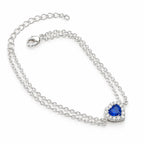 925 sterling silver sapphire heart bracelet with blue heart-shaped stone, cubic zirconia halo, double chain and extender
