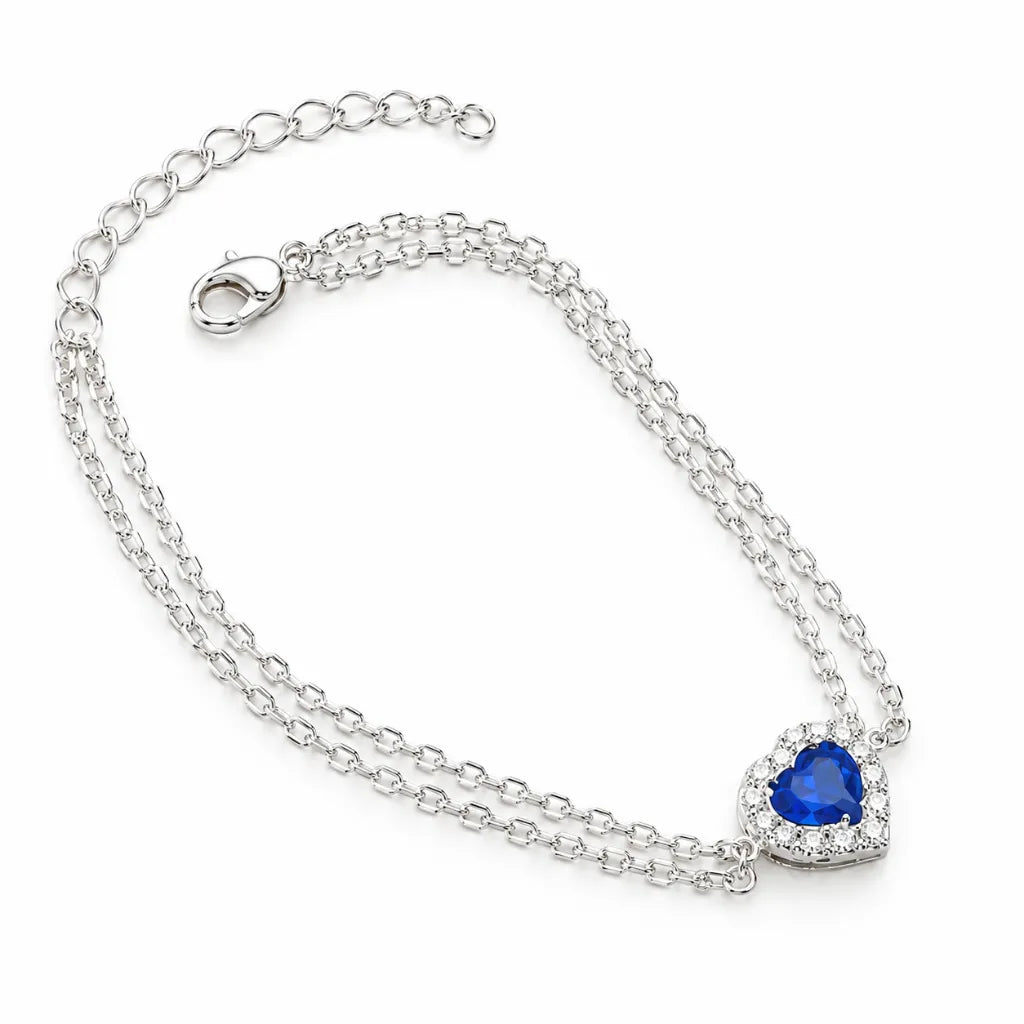 925 sterling silver sapphire heart bracelet with blue heart-shaped stone, cubic zirconia halo, double chain and extender