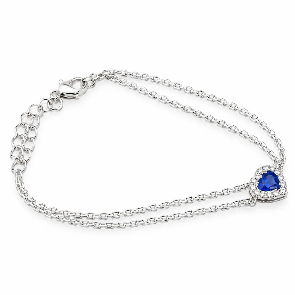 September birthstone blue heart bracelet in silver with cubic zirconia halo, double chain and lobster clasp, side view