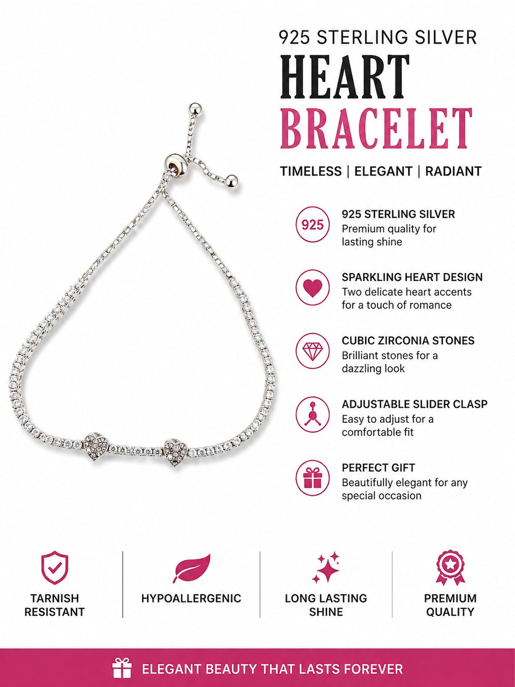 Sparkling silver heart bracelet for women perfect as a birthday anniversary or Valentine's gift