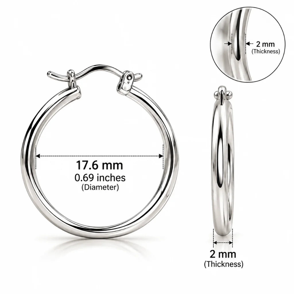 Silver hoop earring measuring 17.6 mm diameter and 2 mm thick
