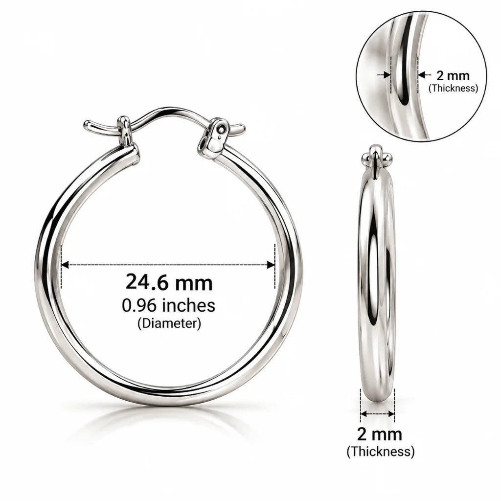 Silver hoop earring measuring 24.6 mm diameter and 2 mm thick