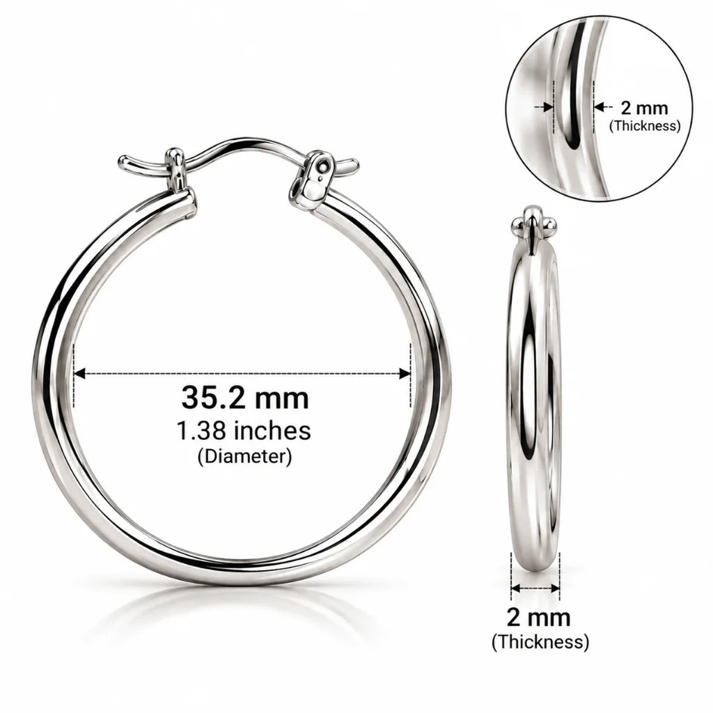 Silver hoop earring measuring 35.2 mm diameter and 2 mm thick