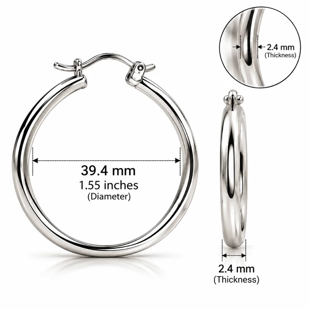 Silver hoop earring measuring 39.4 mm diameter and 2.4 mm thick