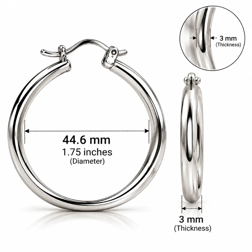 Silver hoop earring measuring 44.6 mm diameter and 3 mm thick
