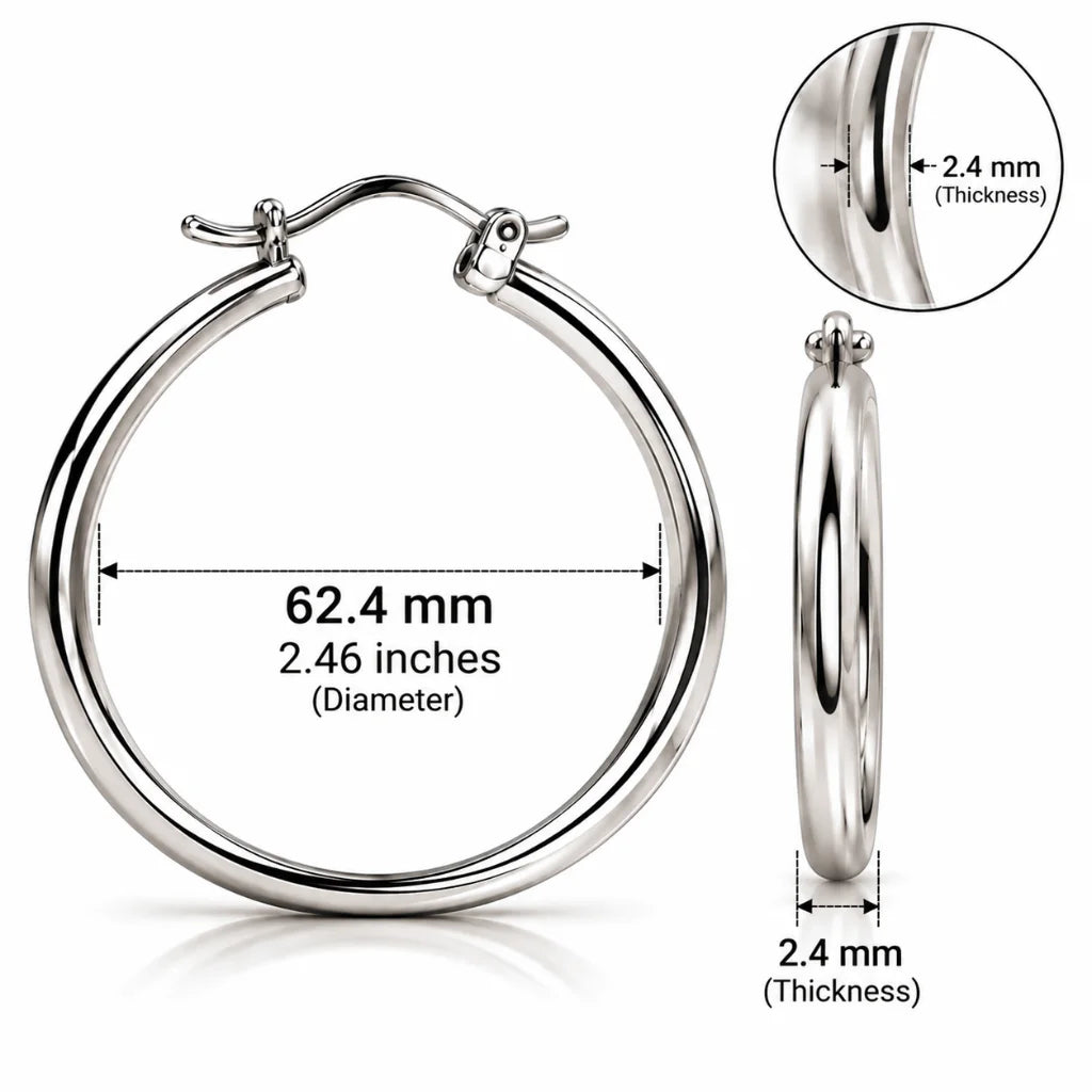 Silver hoop earring measuring 62.4 mm diameter and 2.4 mm thick