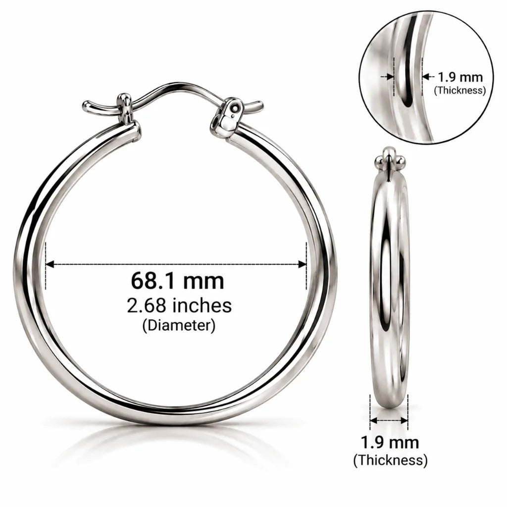 Silver hoop earring measuring 68.1 mm diameter and 1.9 mm thick