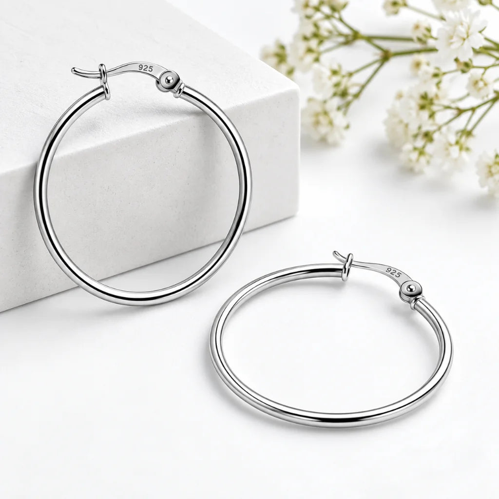 Minimalist silver hoop earrings displayed against a clean white background.