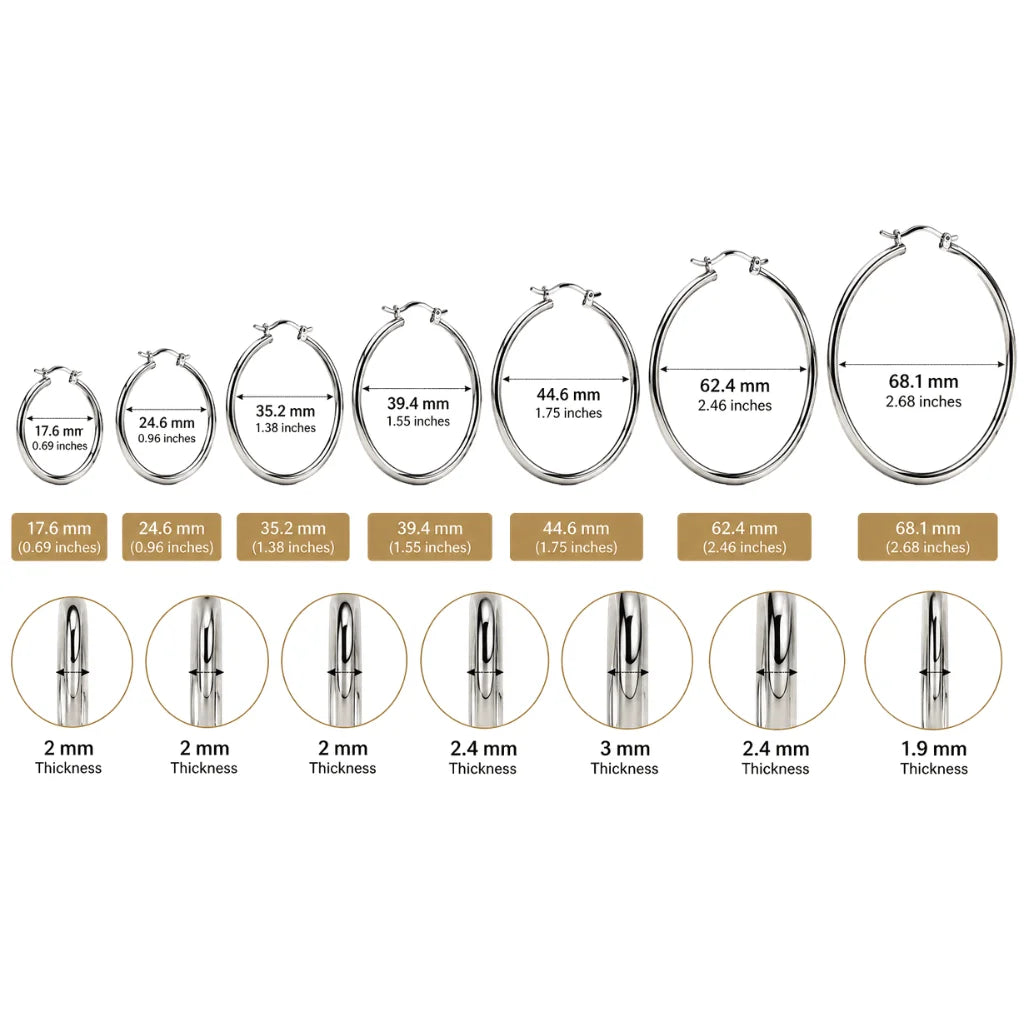 Silver hoop earrings size chart showing 17.6mm to 68.1mm diameters and 1.9mm to 3mm thickness options