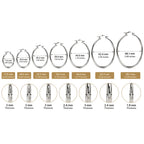 Silver hoop earrings size chart showing 17.6mm to 68.1mm diameters and 1.9mm to 3mm thickness options