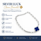 Silver luck clover bracelet in 925 sterling silver with blue charm, adjustable fit, hypoallergenic, perfect gift for her