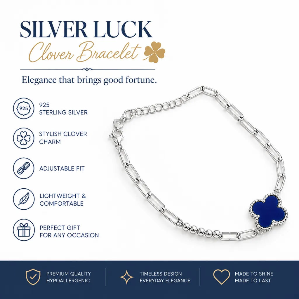 Silver luck clover bracelet in 925 sterling silver with blue charm, adjustable fit, hypoallergenic, perfect gift for her