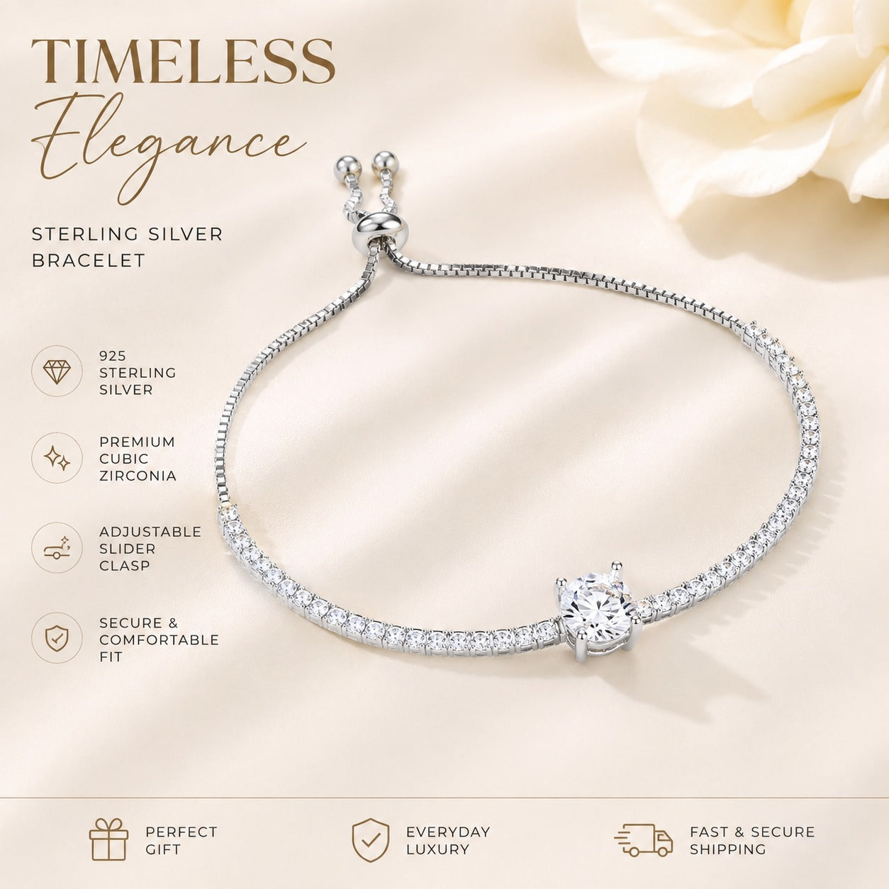 925 sterling silver bracelet with round sparkling centerpiece, perfect jewelry gift for her