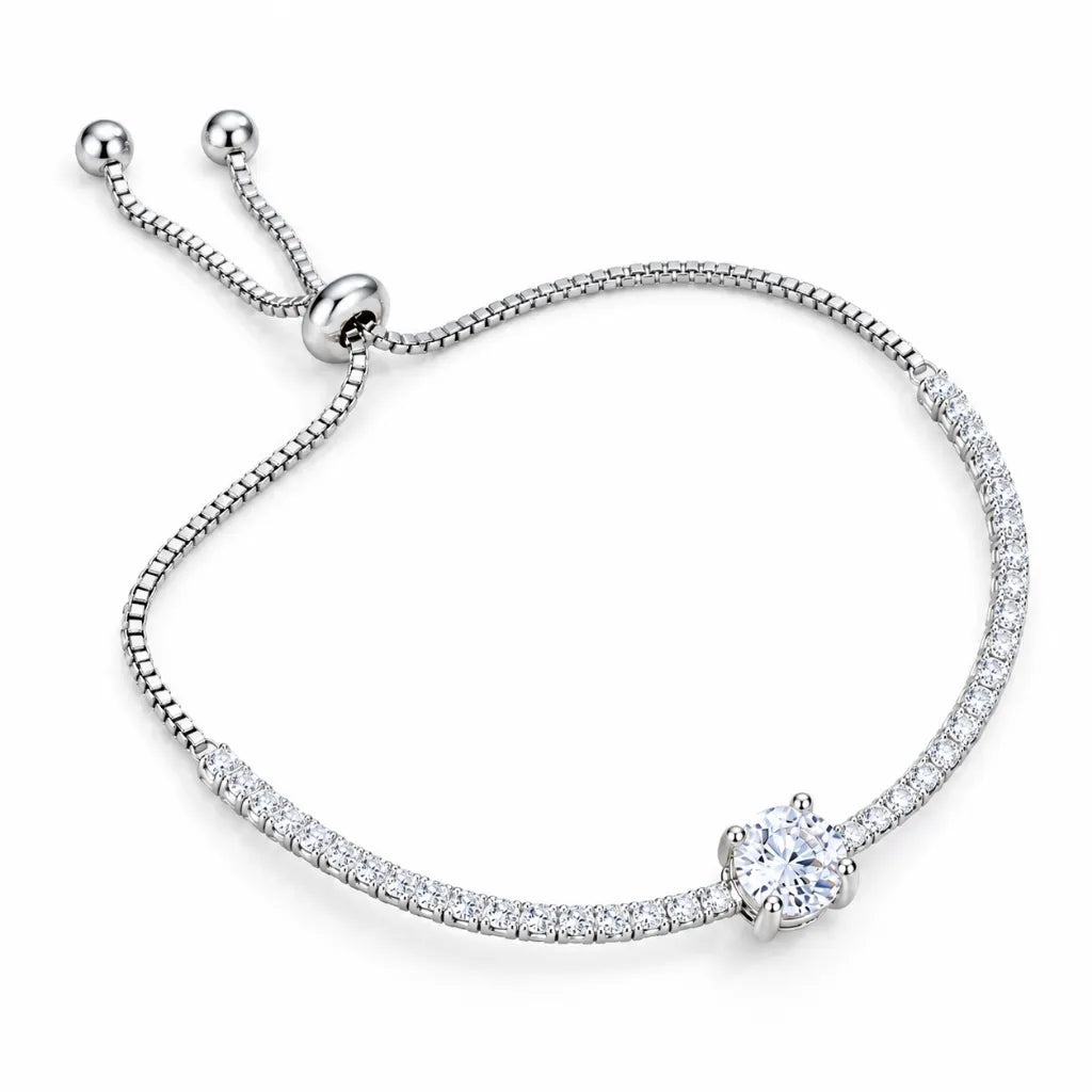 925 sterling silver solitaire tennis bracelet with round cubic zirconia center stone and adjustable slider closure