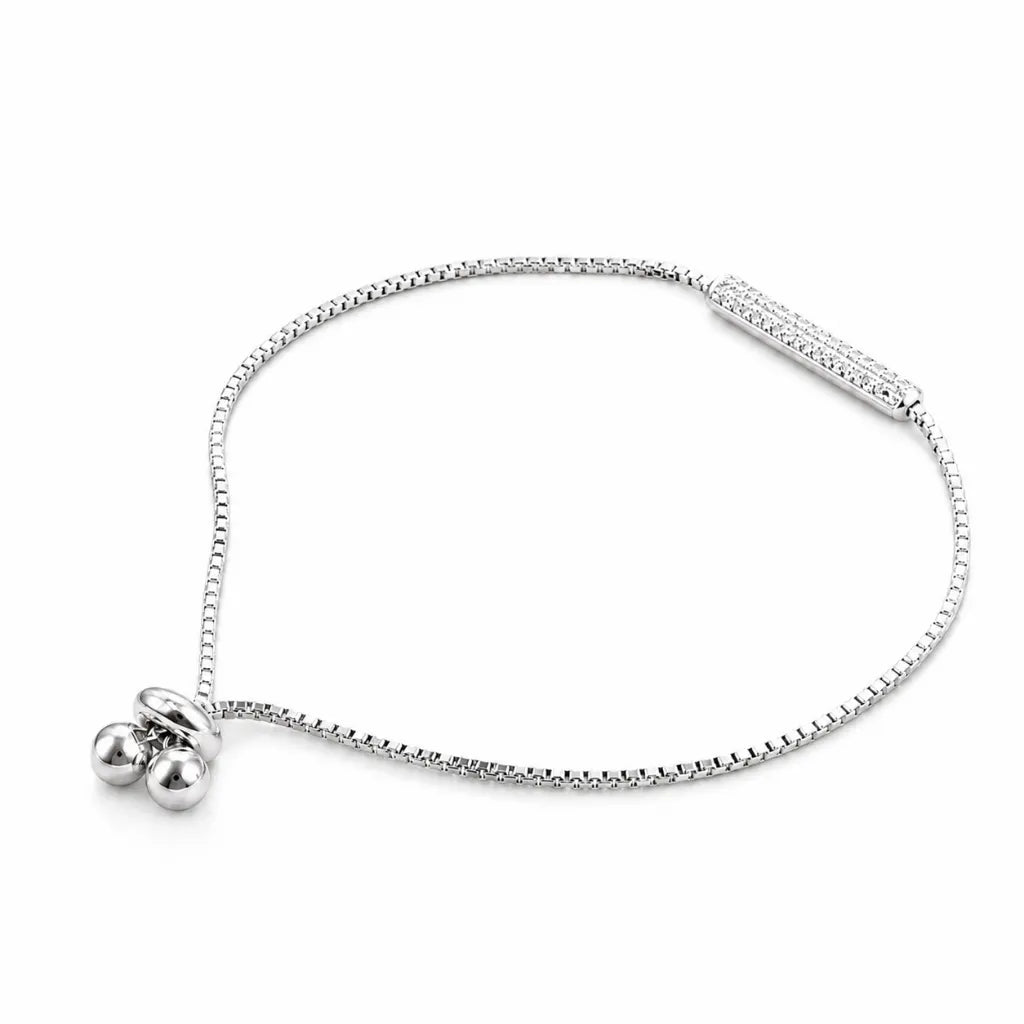 925 sterling silver adjustable bar bracelet with cubic zirconia pavé bar and box chain slider closure