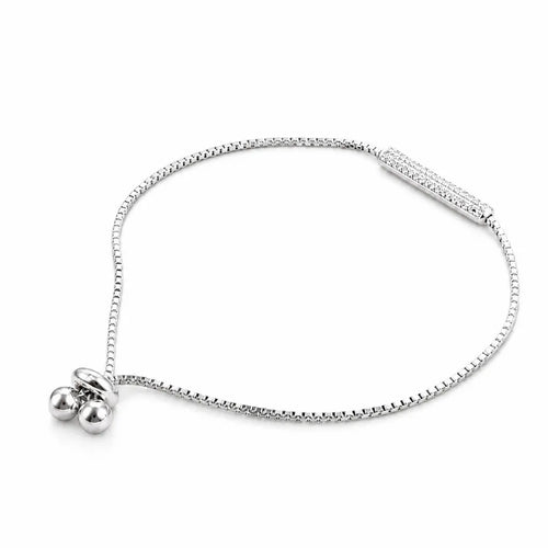 925 sterling silver adjustable bar bracelet with cubic zirconia pavé bar and box chain slider closure