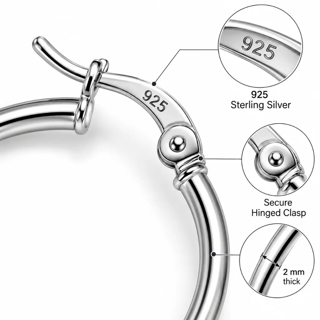 Close-up of silver hoop earrings featuring a secure hinged clasp and smooth polished finish.