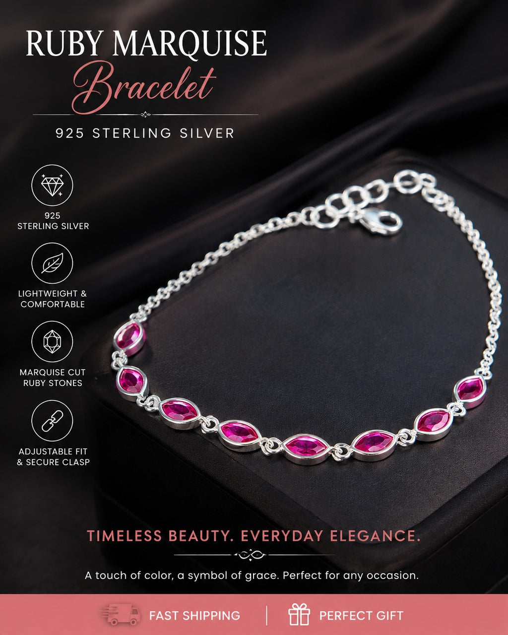 925 sterling silver marquise gemstone bracelet, elegant jewelry gift for women