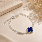925 sterling silver paperclip chain bracelet with blue clover charm