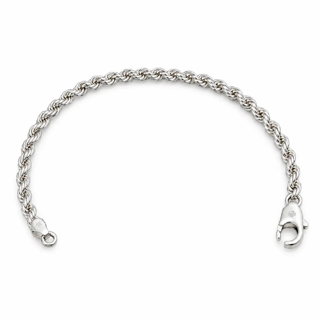 Sterling silver twisted rope chain bracelet laid open showing lobster clasp and jump ring