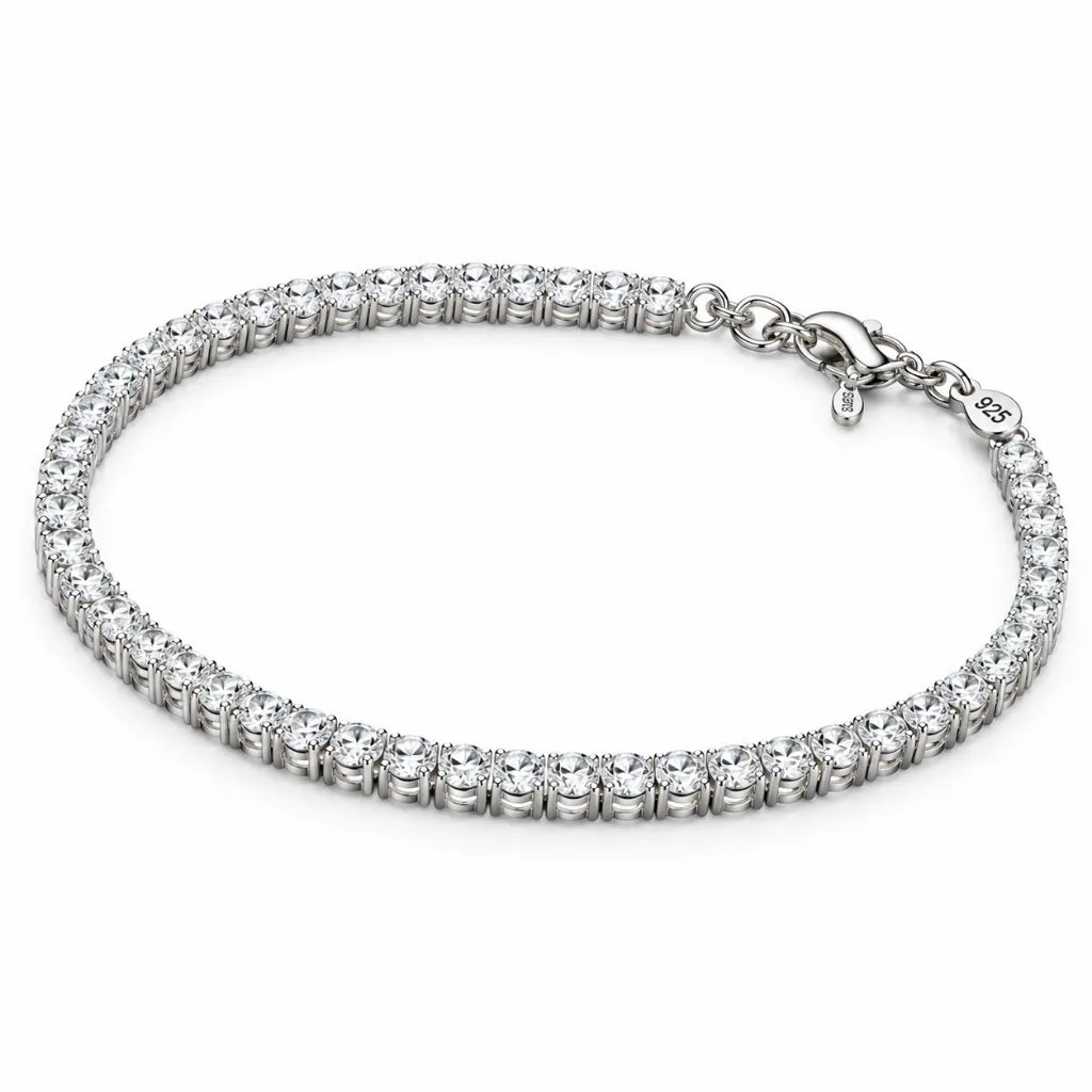 Unisex 2mm silver tennis bracelet with prong-set round cubic zirconia stones and secure lobster clasp