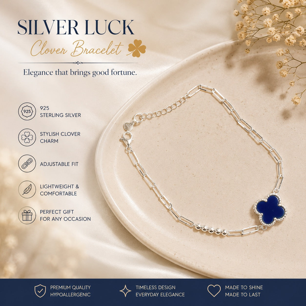 Women's 925 sterling silver blue clover charm jewelry bracelet