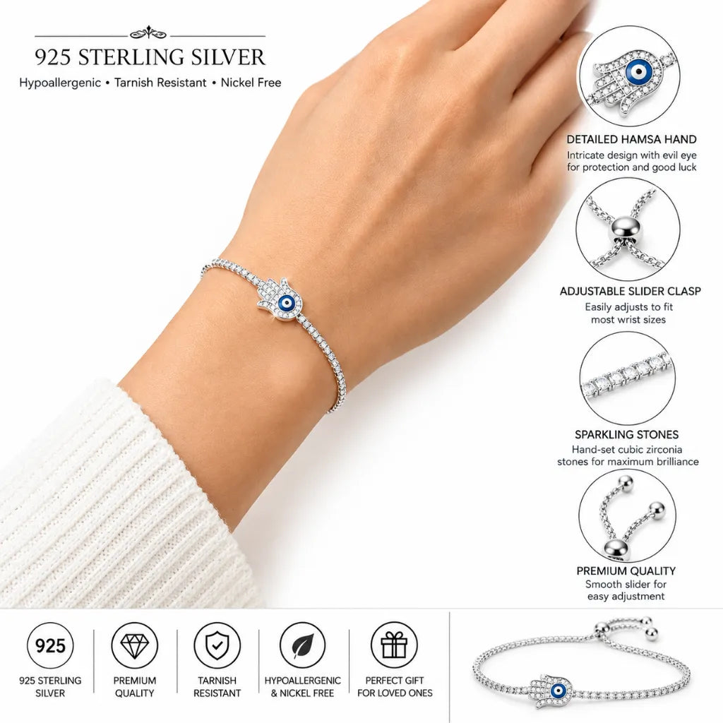 Woman wearing hypoallergenic nickel free 925 sterling silver evil eye hamsa bracelet with adjustable slider clasp
