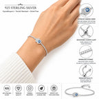 Woman wearing hypoallergenic nickel free 925 sterling silver evil eye hamsa bracelet with adjustable slider clasp