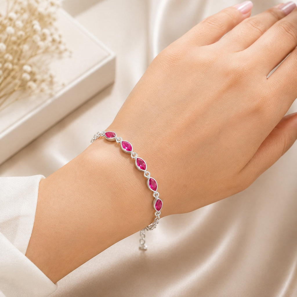 Pink marquise gemstone bracelet for women with adjustable 925 sterling silver chain