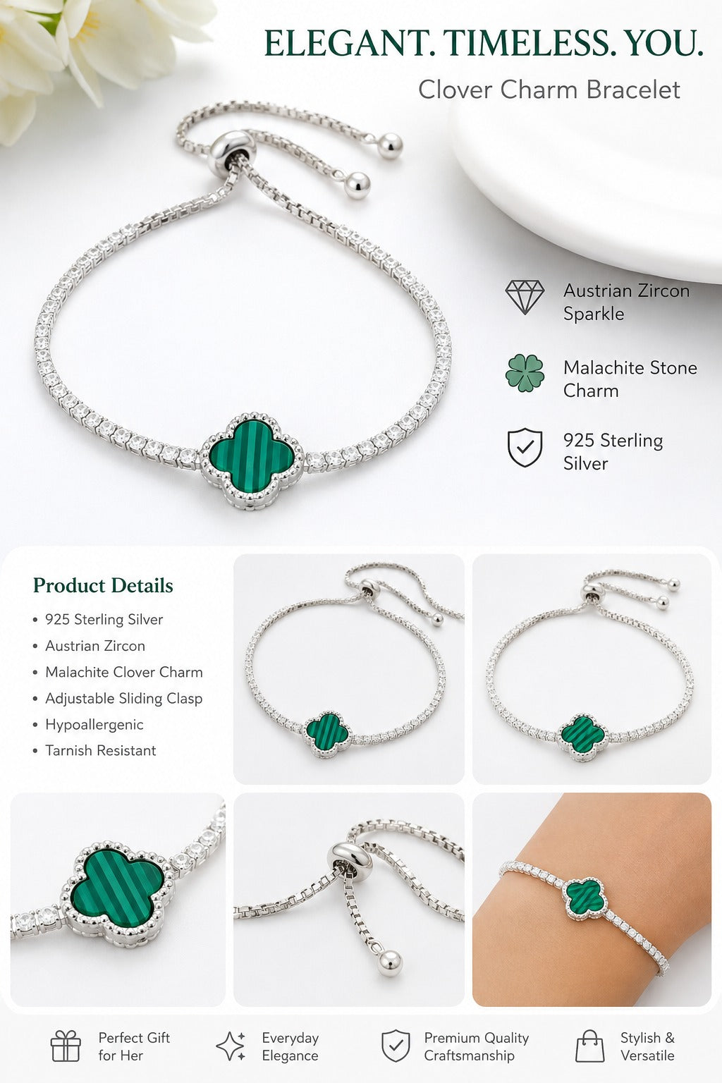 Women's 925 sterling silver clover bracelet worn on wrist, featuring a lucky malachite charm and zircon tennis band.